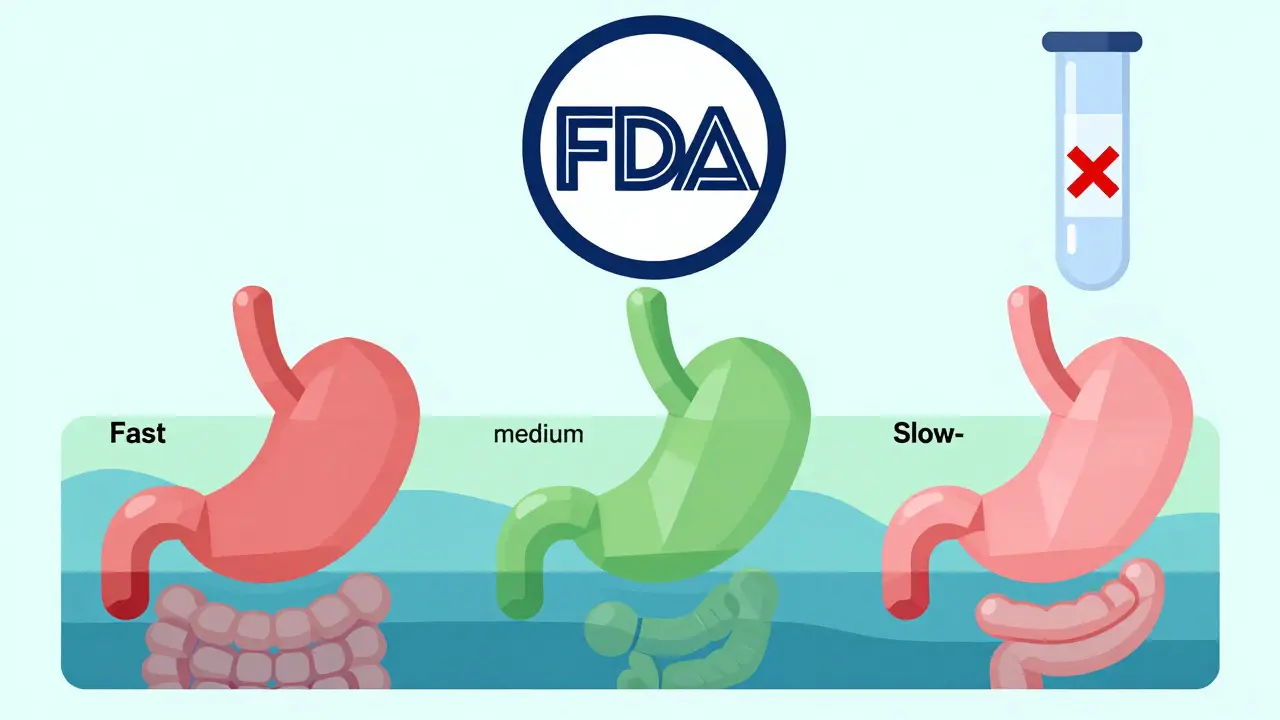 Three drug formulations dissolving in layered physiological fluids, with a failed water-based test marked in red.