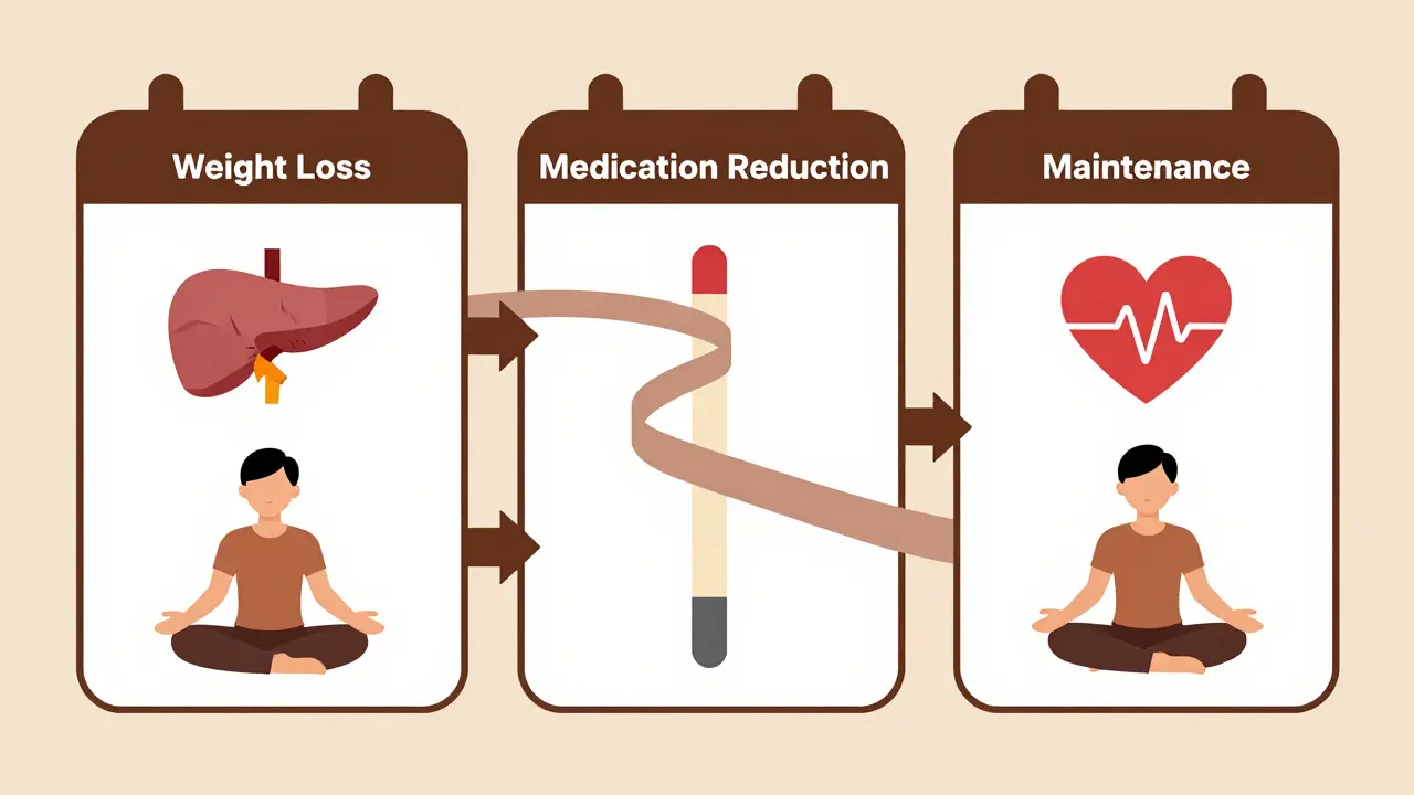 Three-phase calendar showing weight loss, medication reduction, and maintenance with simplified body and health icons.