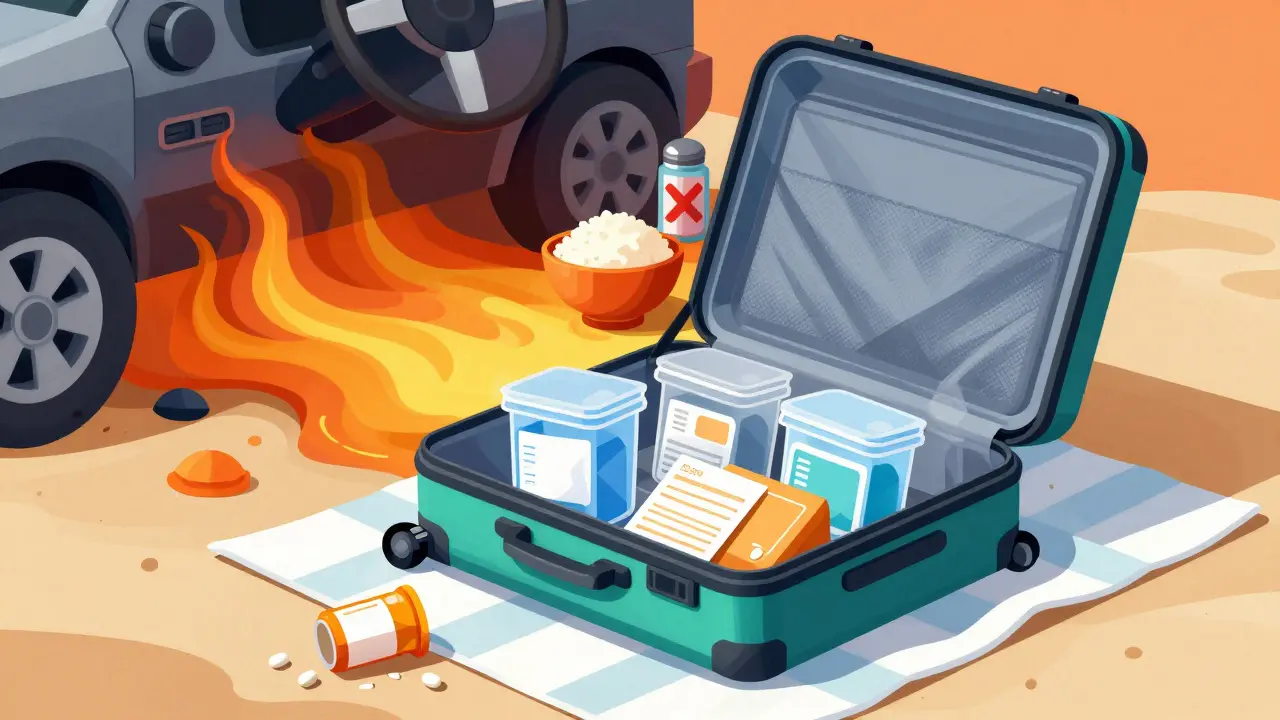 Traveler’s suitcase with safe medication storage using silica gel, contrasted with discarded pills and unsafe rice/salt myths.