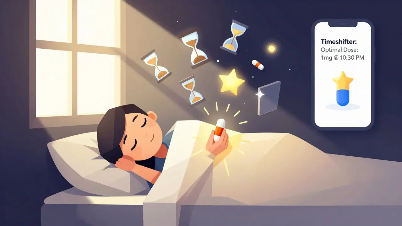 Traveler sleeping under sunlight blanket, holding star-shaped melatonin capsule, chaotic time-release devices behind.