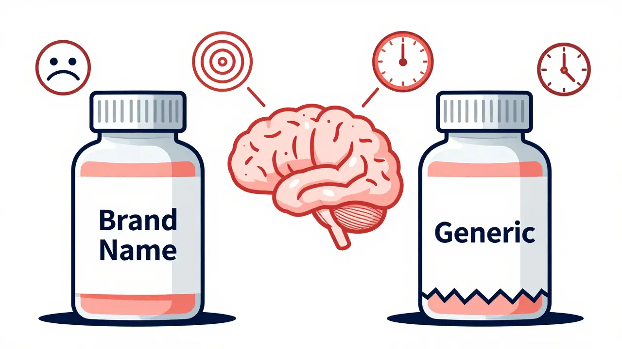 Two identical pill bottles with different labels, surrounded by symbols showing how perception causes side effects.