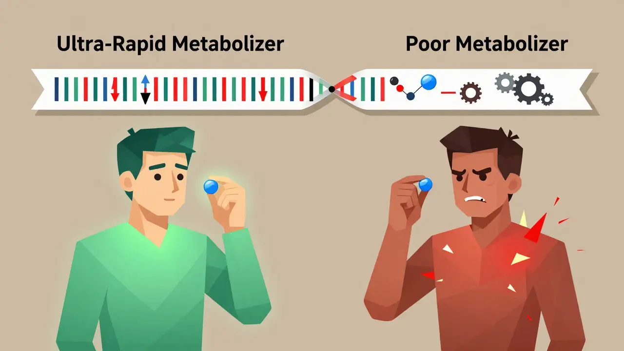 Two people reacting oppositely to the same pill, shown with color-coded genetic metabolism paths.