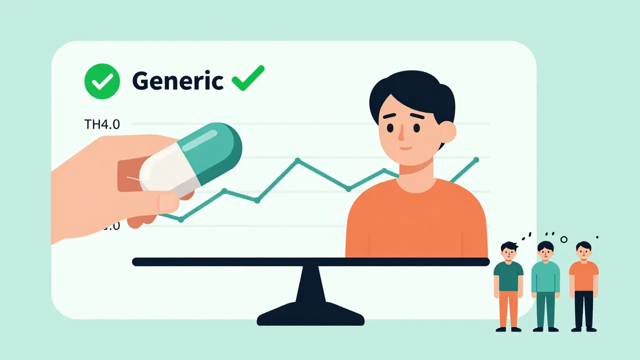 A balanced medical scale comparing generic levothyroxine with a stable patient, while three symptomatic figures stand aside.