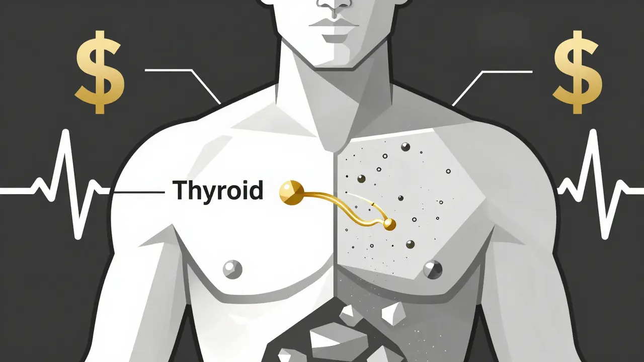 A geometric human torso with thyroid hormone flow influenced by tiny particles representing excipients and genetic factors.