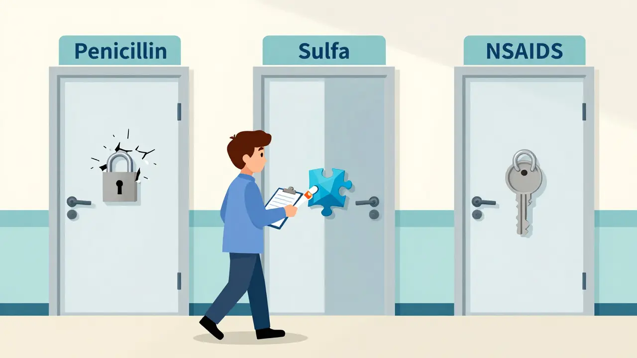 A patient opening a door labeled 'Penicillin' with a testing kit, symbolizing accurate allergy diagnosis over mislabeling.