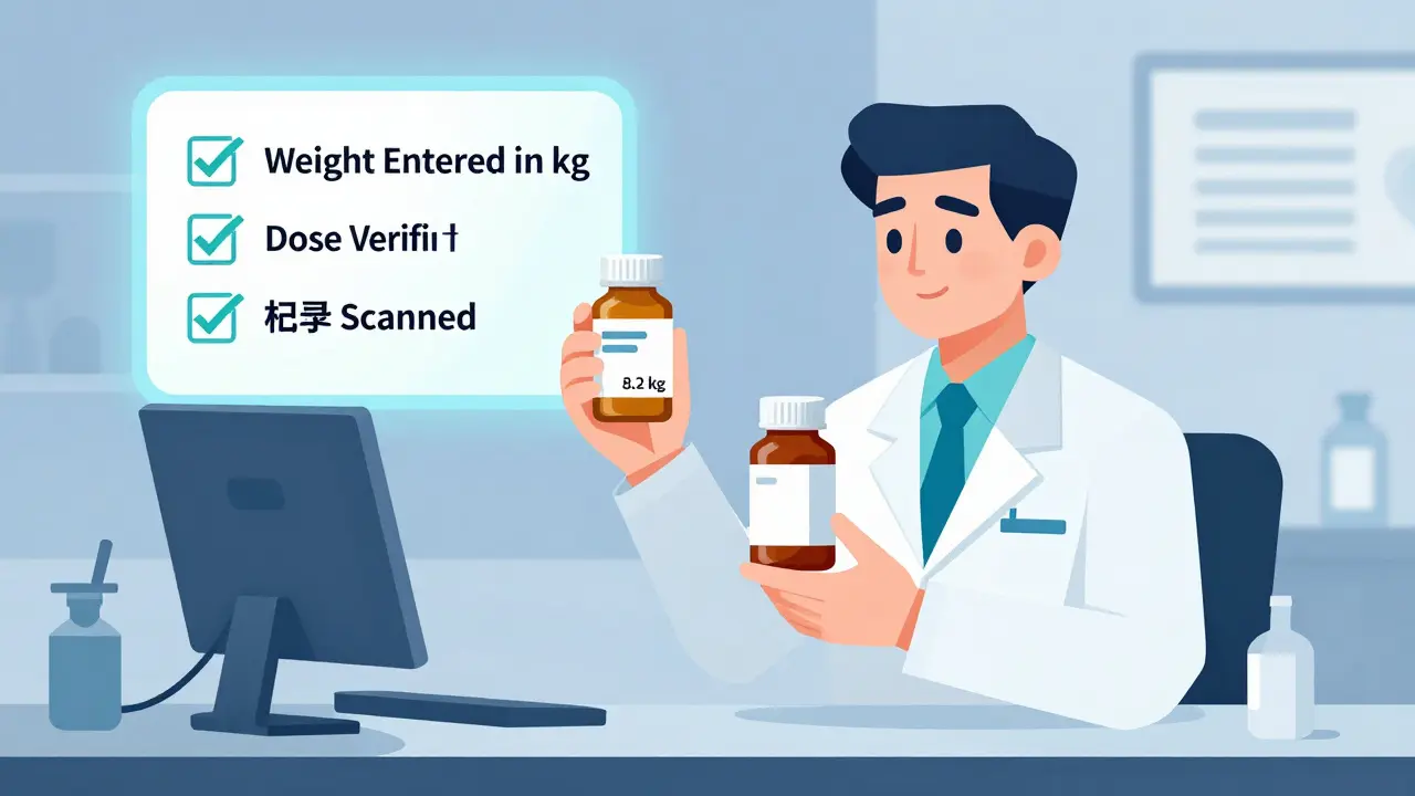 A pharmacist comparing two medication doses with correct and incorrect weight calculations.