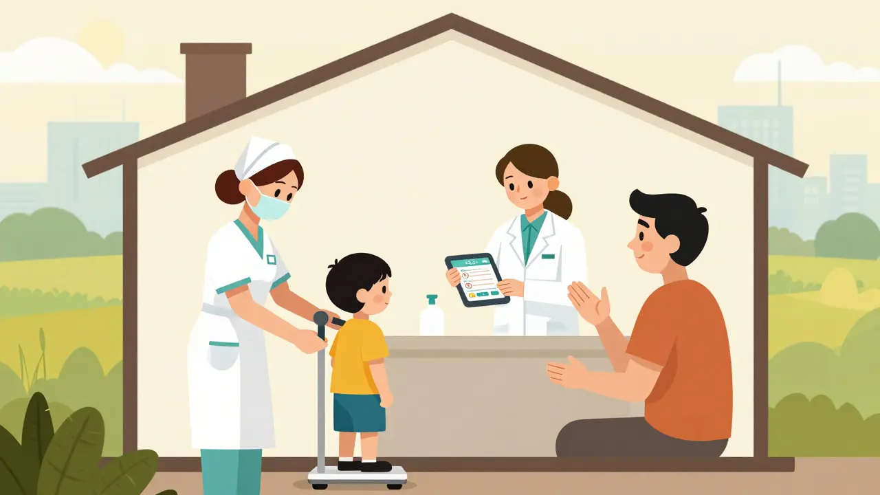 A rural clinic nurse weighing a child using a digital scale, with pharmacist and parent using a simple dosing app.