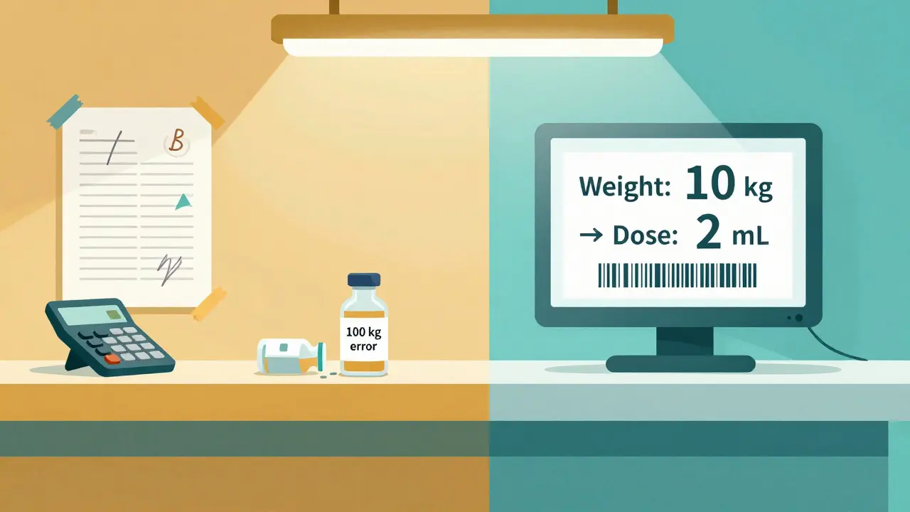 Contrasting pharmacy sides: chaotic paper calculations vs. clean digital dose calculation with weight confirmation.