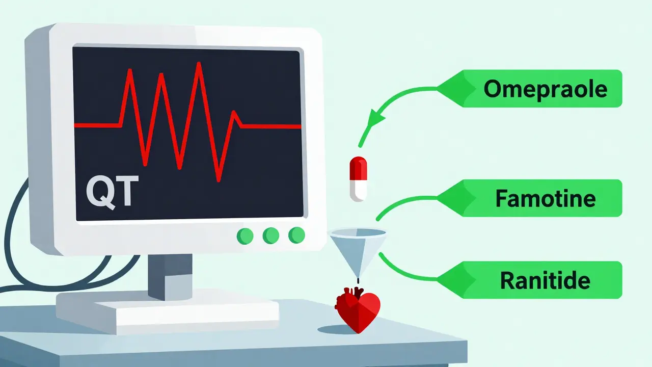 Hospital monitor showing dangerous QT prolongation caused by cimetidine, with safer alternatives as green arrows.