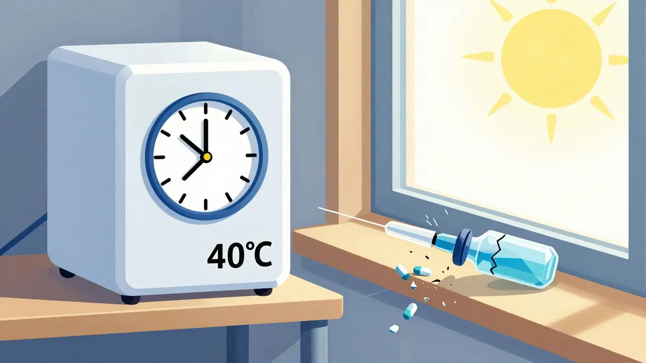 Nebulizer ampule refrigerated properly with a 7-day expiration clock, contrasted with a damaged ampule on a hot windowsill.