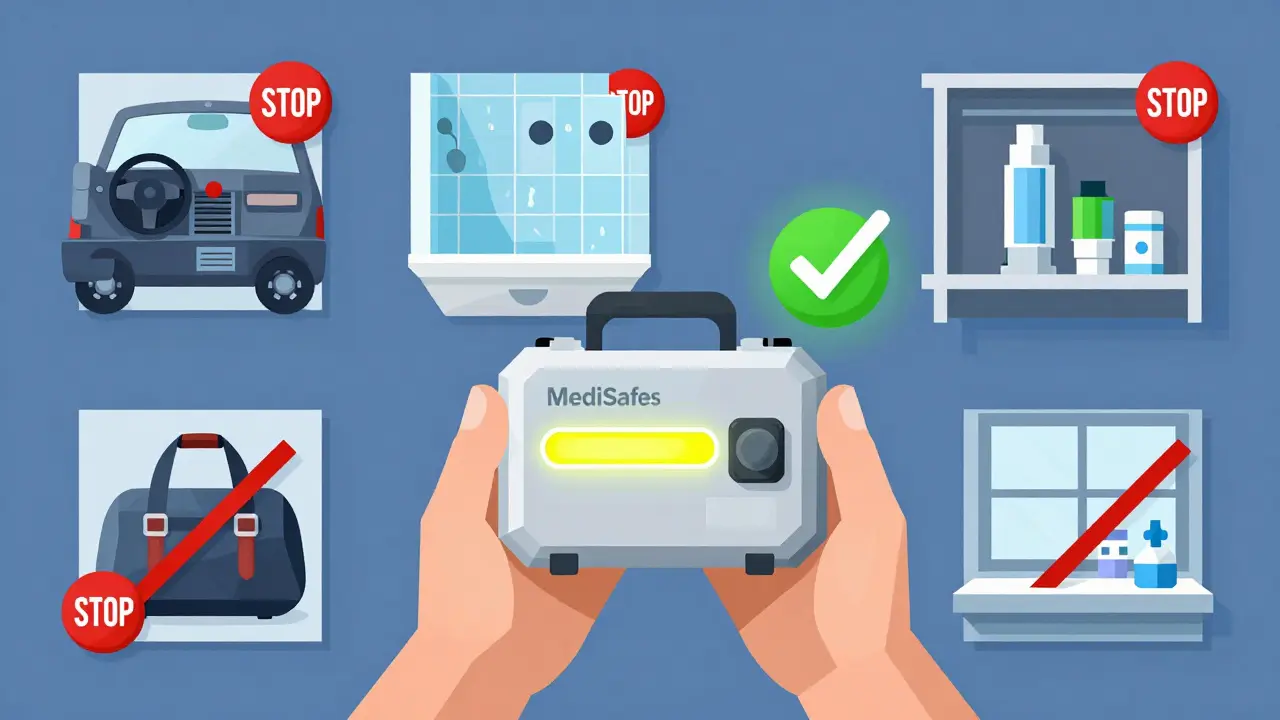 Person holding an insulated medication case with temperature strip, surrounded by forbidden storage locations marked with red Xs.