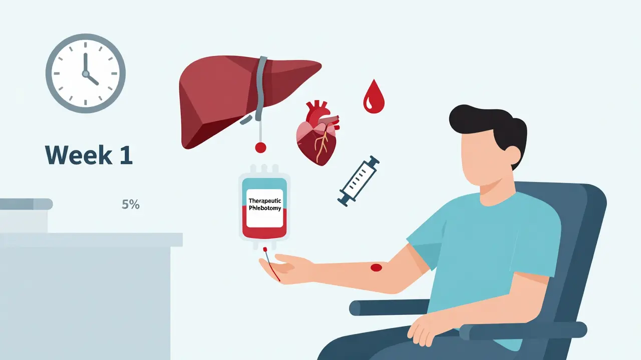 Person receiving therapeutic phlebotomy with iron molecules draining from organs into a blood bag.