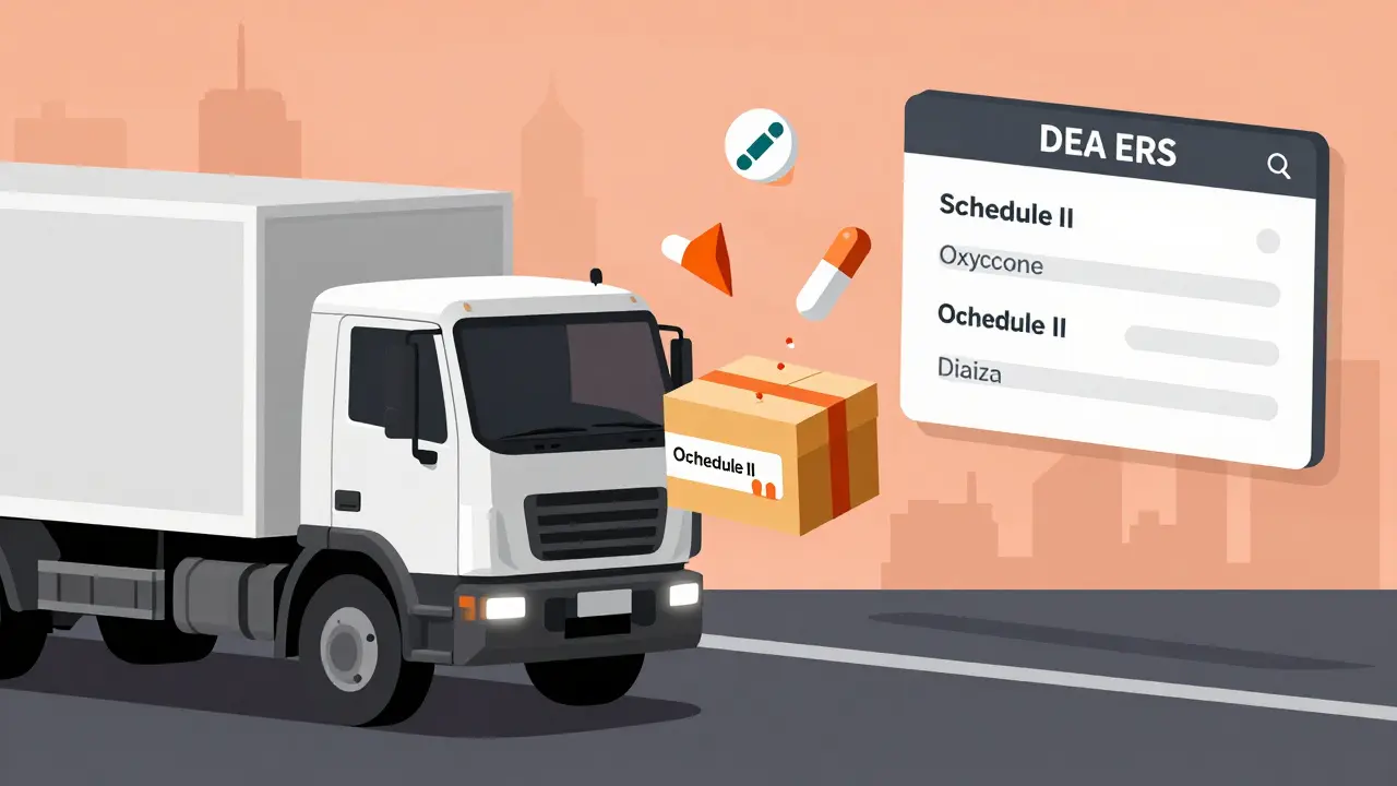 Reverse distributor truck collecting expired controlled substances from a clinic with digital interface.