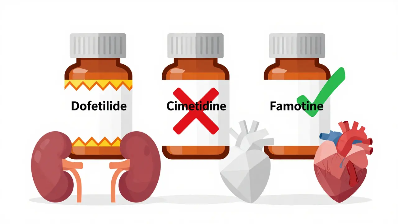 Side-by-side comparison of dangerous cimetidine pill versus safe famotidine alternative with medical symbols.