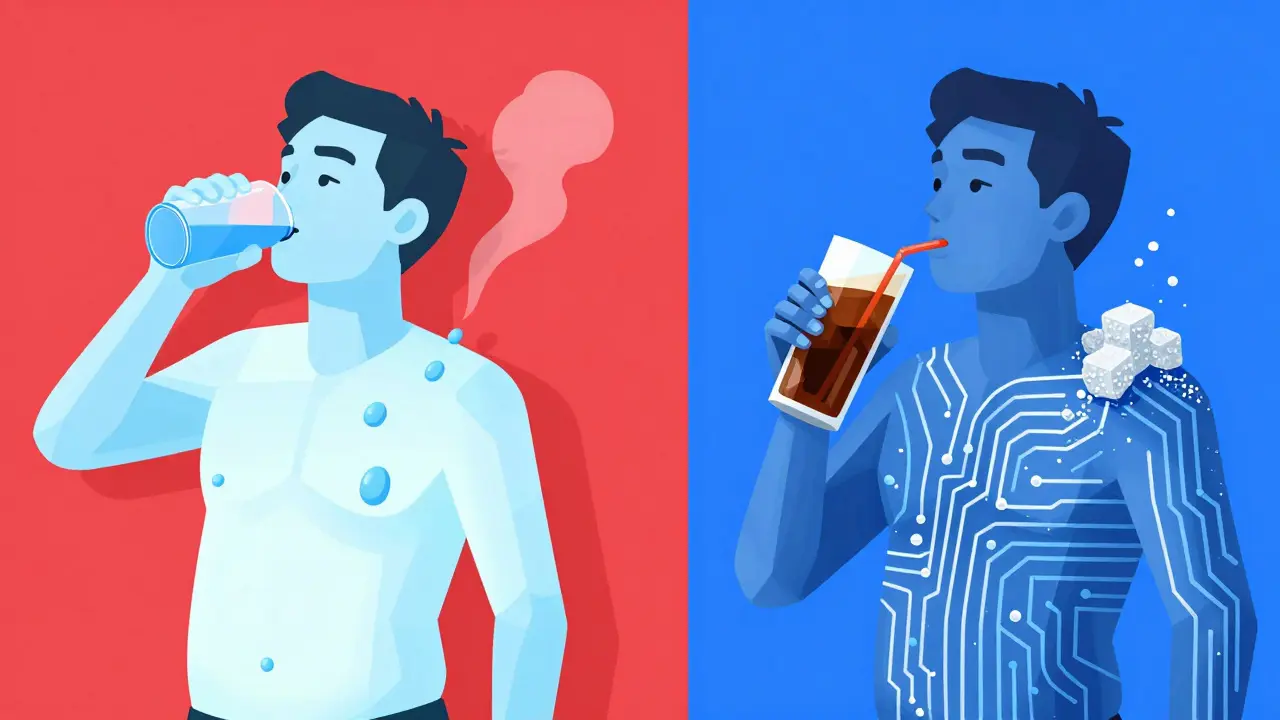 Side-by-side figures: one hydrating with water, the other drinking diet soda, showing contrasting effects