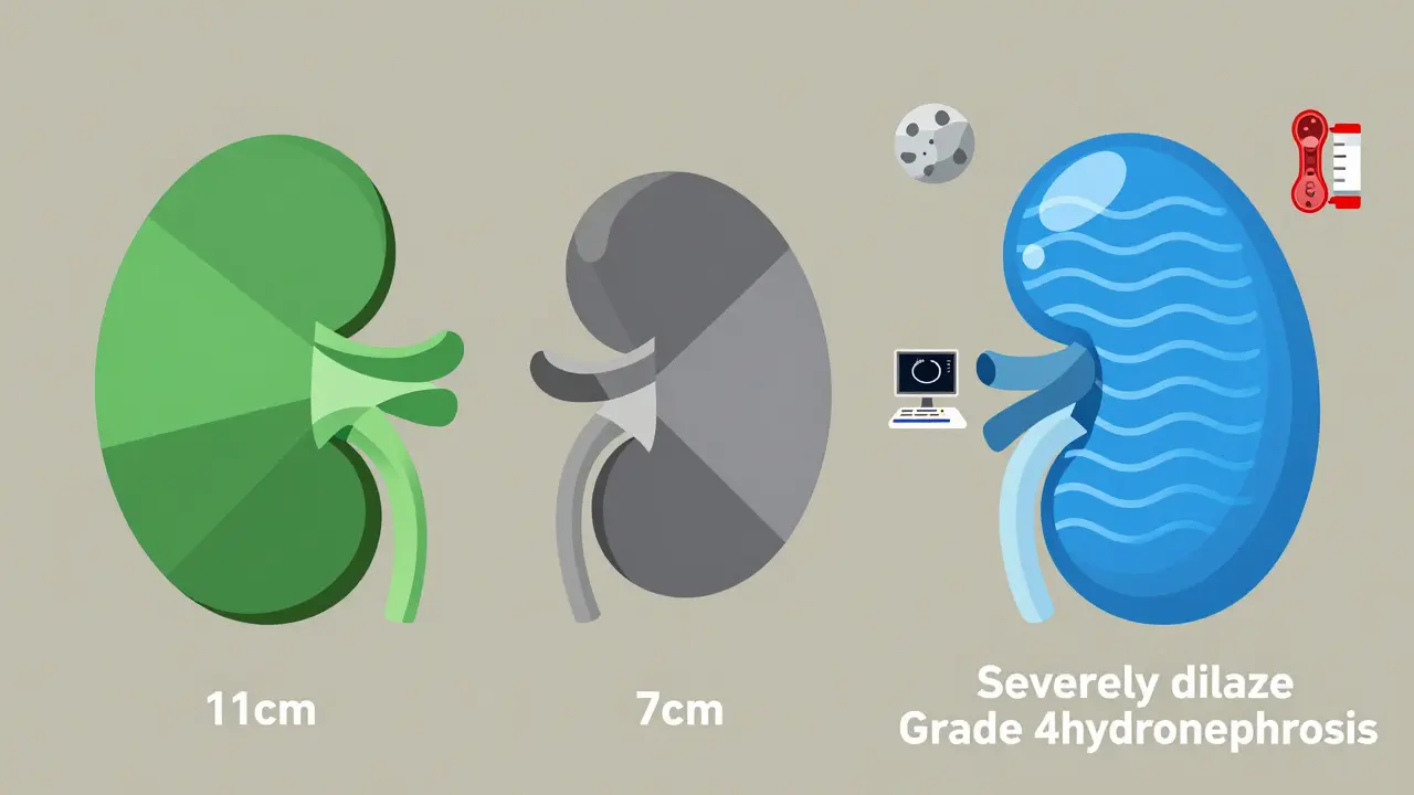 Three kidney shapes compared: normal, shrunken, and severely swollen with measurements.