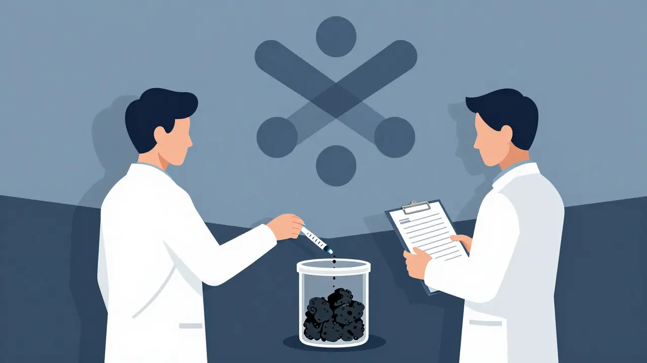 Two staff members destroying a small drug amount in a sealed container with absorbent material.