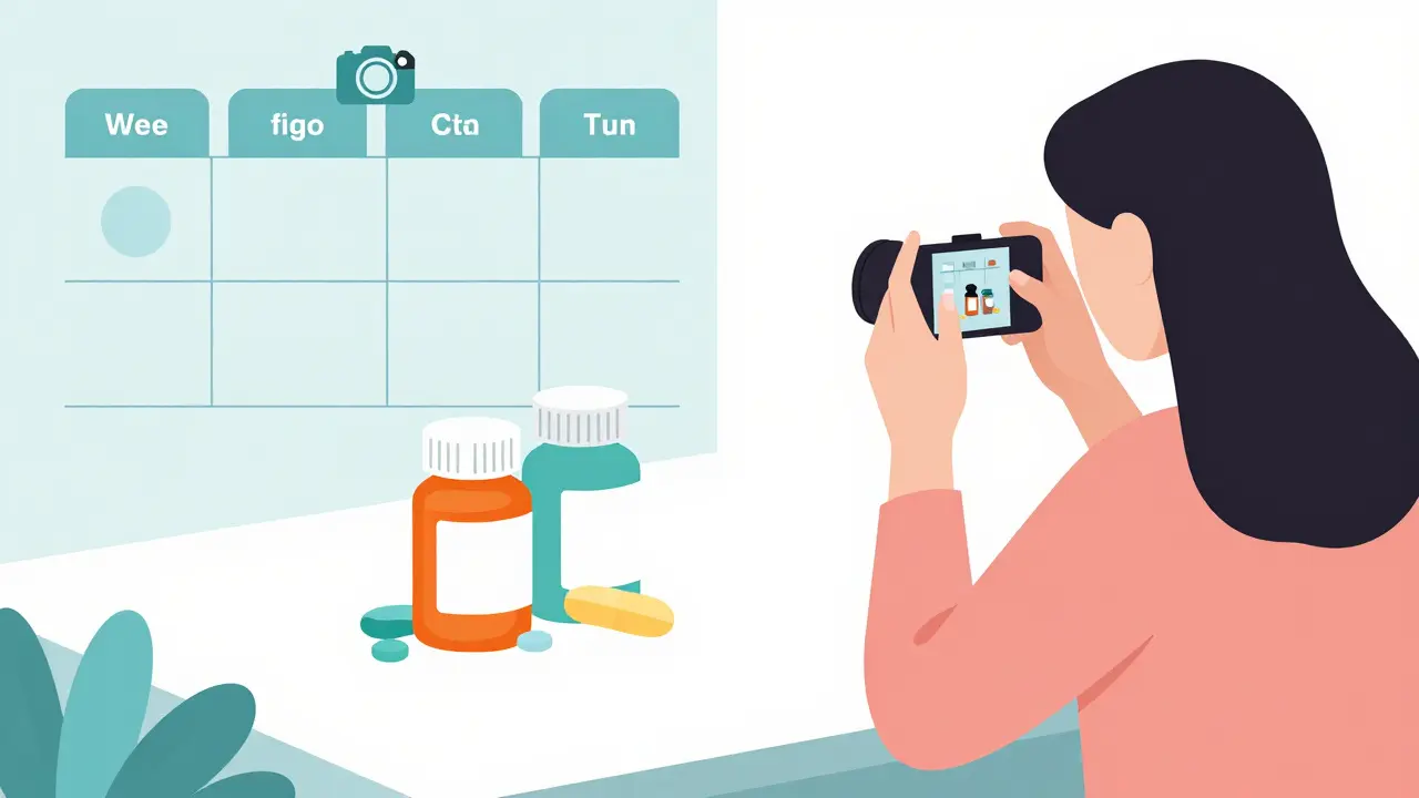 Woman photographing pill bottles for medication organization.