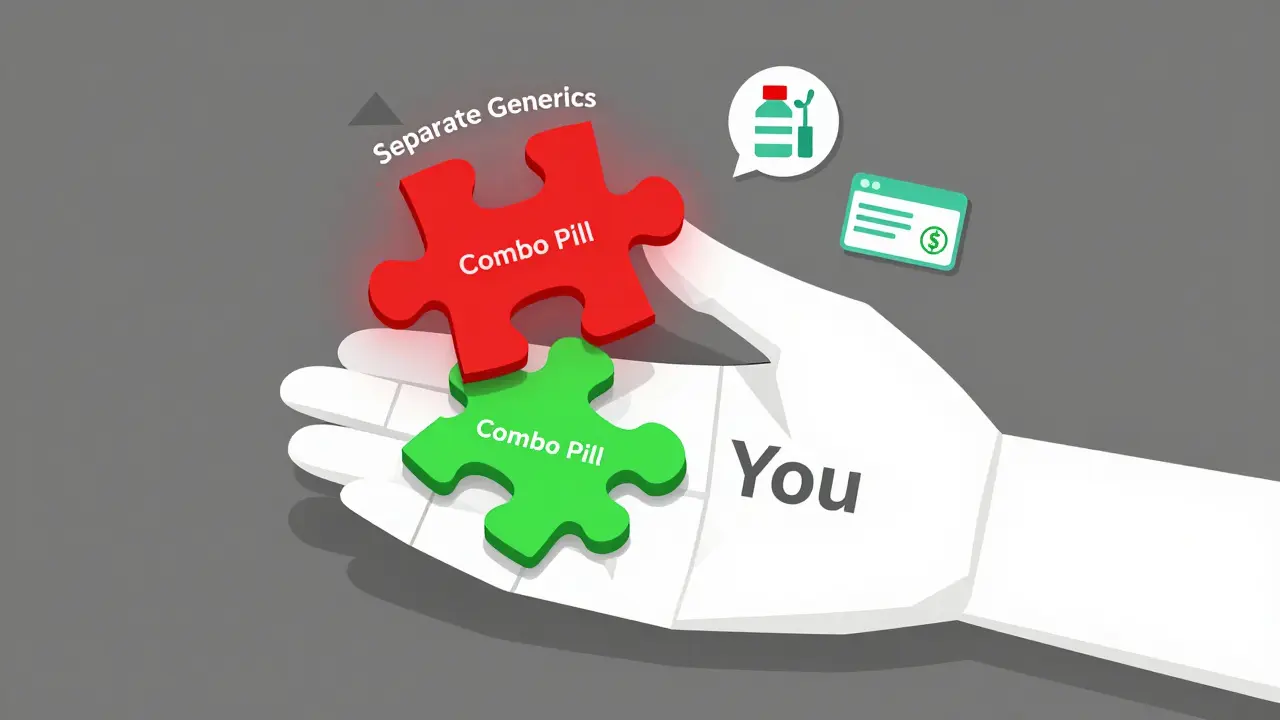 A puzzle shows a bloated combo pill vs. compact generics, fitting into a hand labeled 'You'.