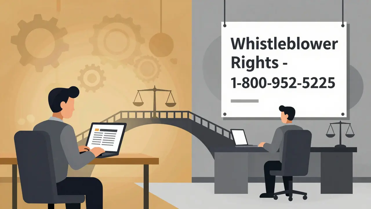 A worker files a report at home while their employer displays a mandatory whistleblower rights poster.