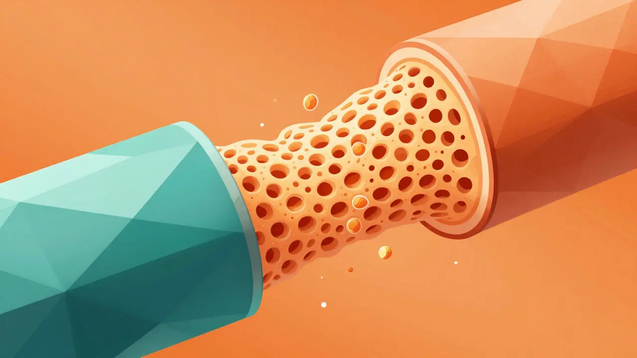 Abstract geometric graphic of fiber mesh trapping small medication molecules in gut.
