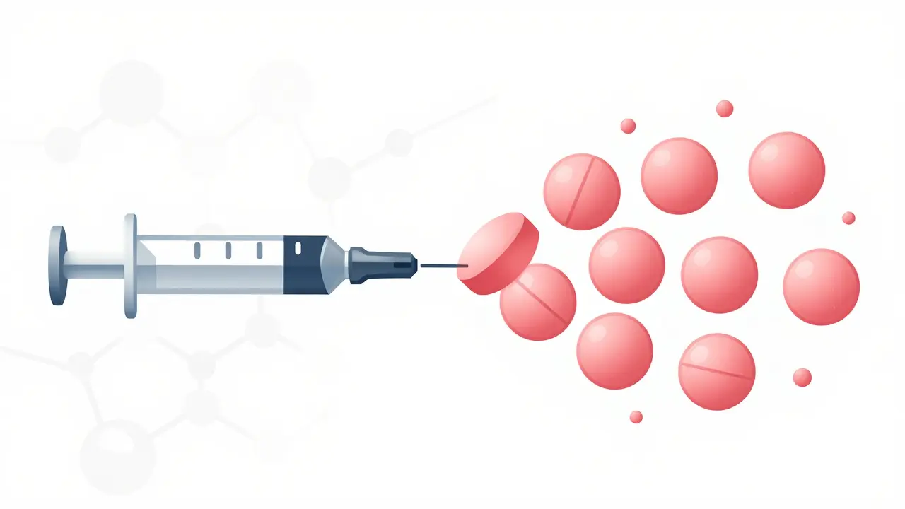 Abstract graphic of a syringe turning into pills with flowing particles.