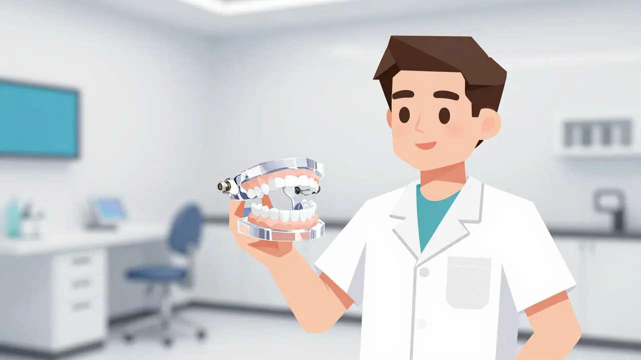 Dentist adjusting a custom dental appliance in a geometric style clinic.