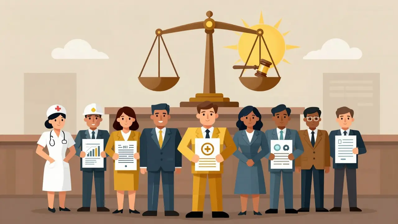 Diverse workers stand united in a geometric courtroom, each holding symbols of their protected reports.