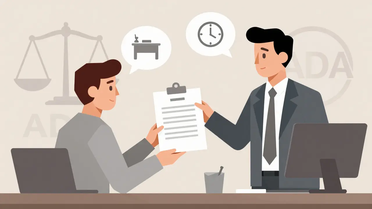 Employee presenting a doctor’s note to a manager with legal symbols subtly integrated into the scene.