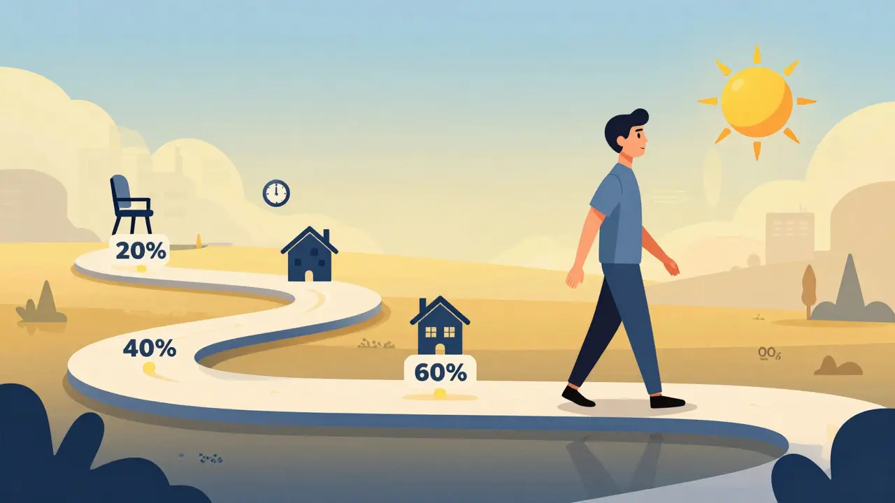 Gradual return-to-work journey shown as a path with percentage checkpoints and symbolic icons.