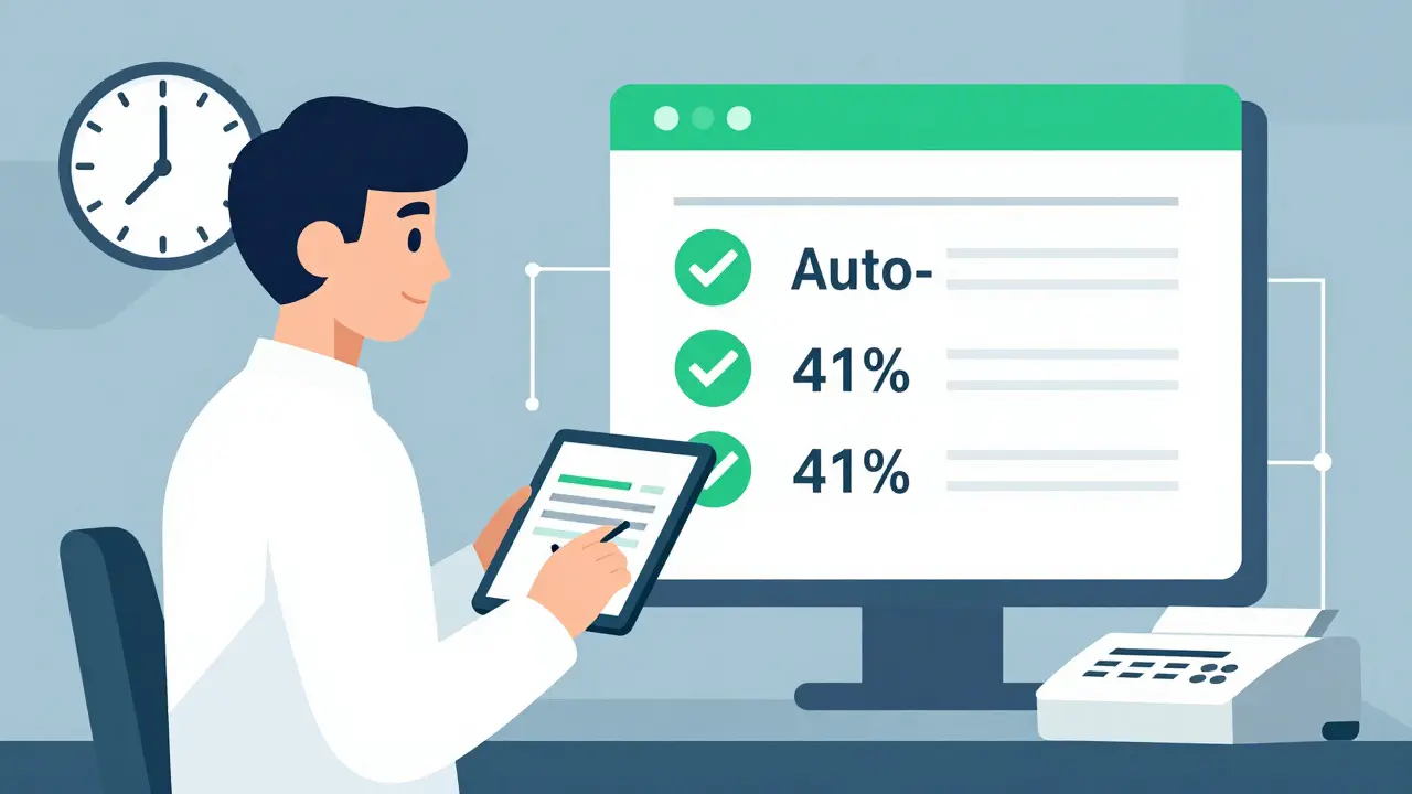 Medical assistant submitting electronic prior authorization with auto-approval indicators.