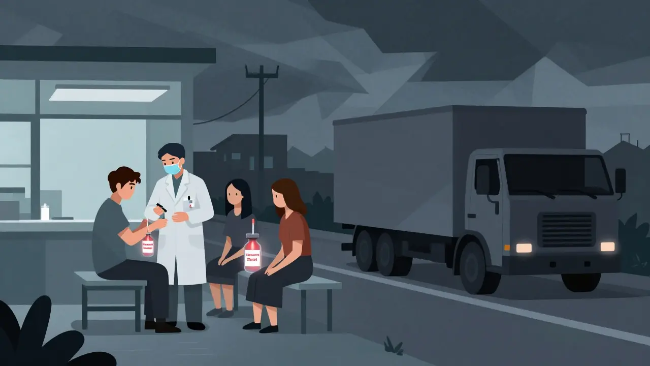 Patients receiving insulin from faulty vials at a rural clinic under a stormy sky.