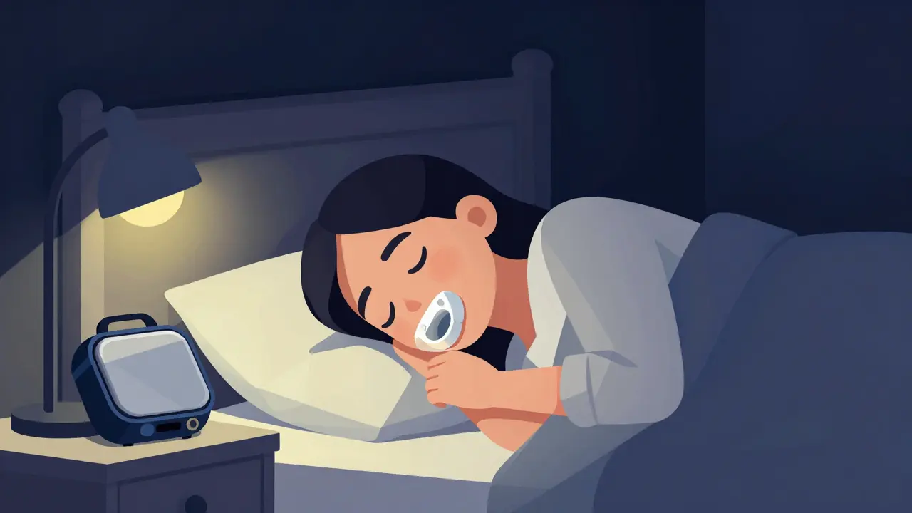 Person sleeping peacefully in bed with small oral appliance case nearby.