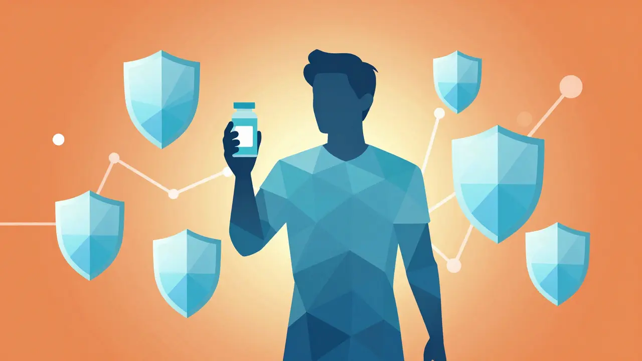 Polygon person holding medicine with protective shields nearby.