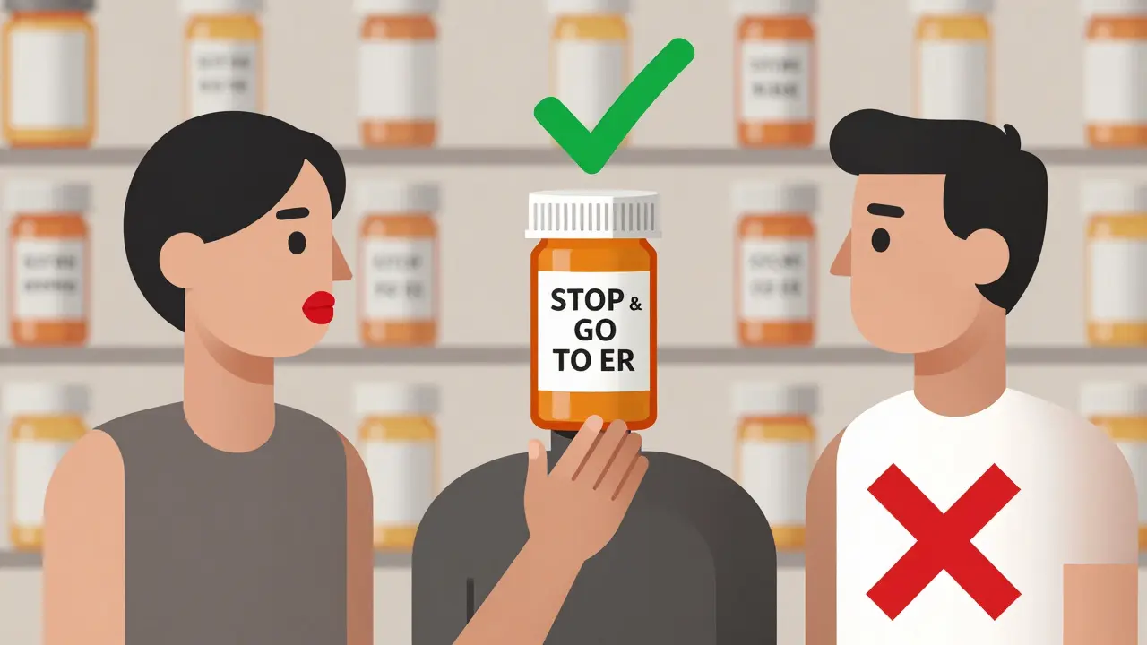 Three silhouettes facing prescription bottles, with one marked 'STOP &amp; GO TO ER' glowing green.