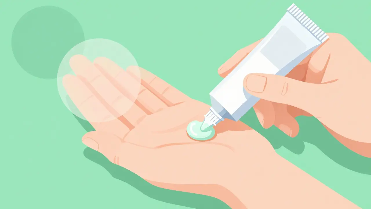 Cartoon geometric art of antibiotic ointment being applied to a small scrape on a hand.
