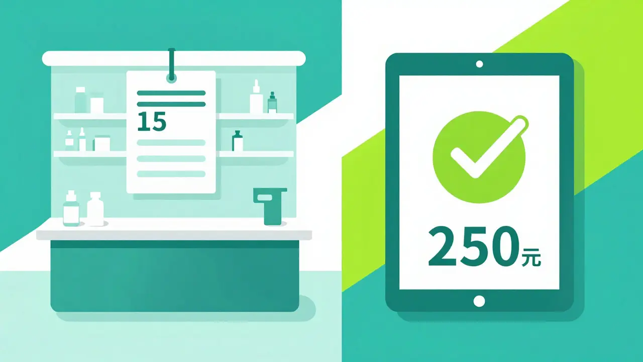 Cartoon illustration showing the price difference between a retail pharmacy and online discounts.