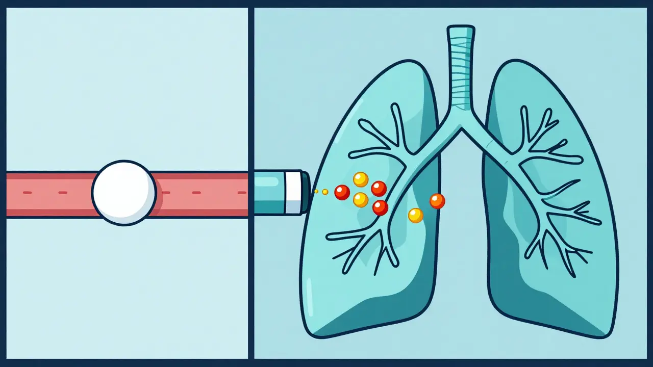 Comparison of simple pill absorption versus precise drug delivery into the lungs.