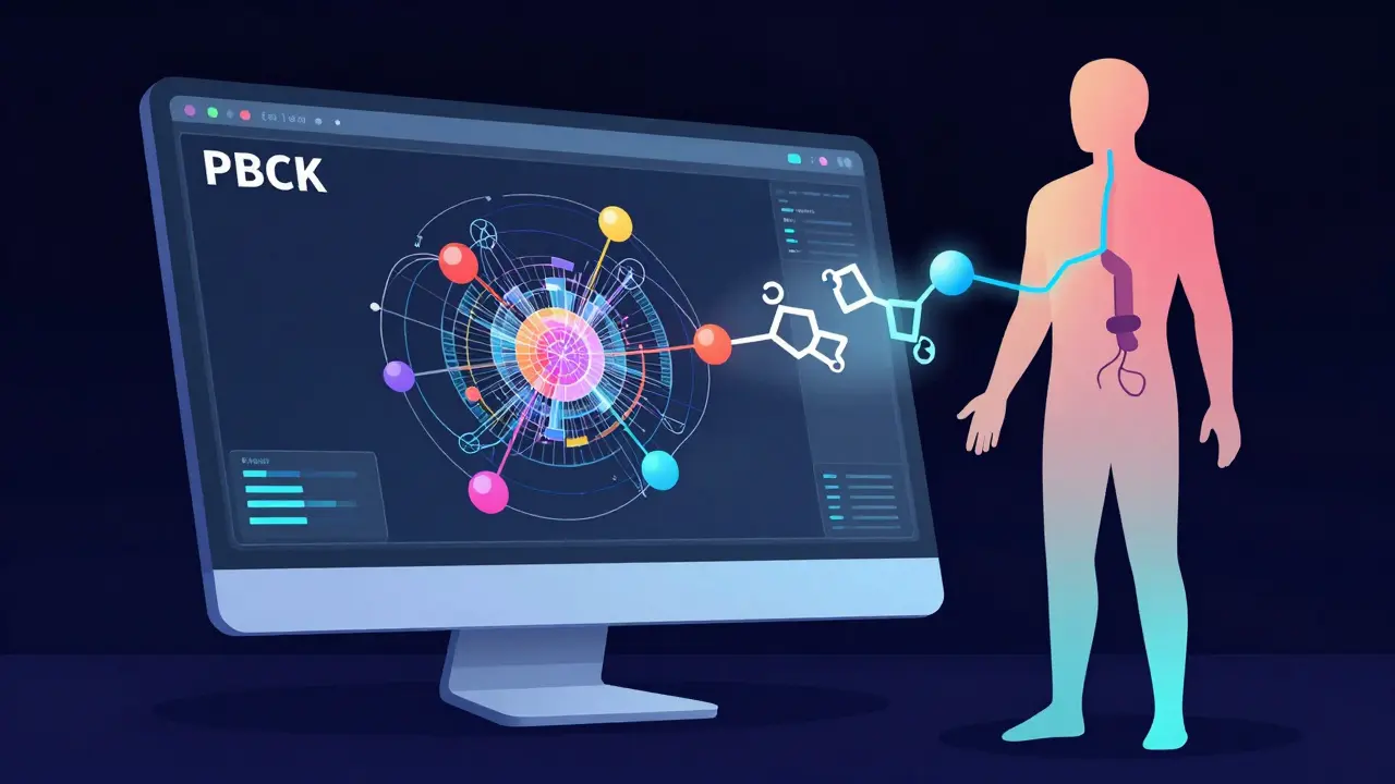 Digital computer model simulating drug movement through a human body.