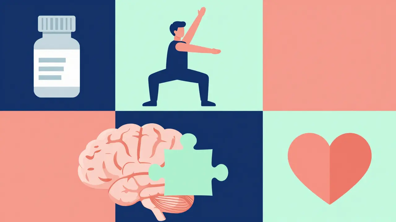 Four-part geometric illustration showing medication, physical therapy, cognitive support, and compassionate care.