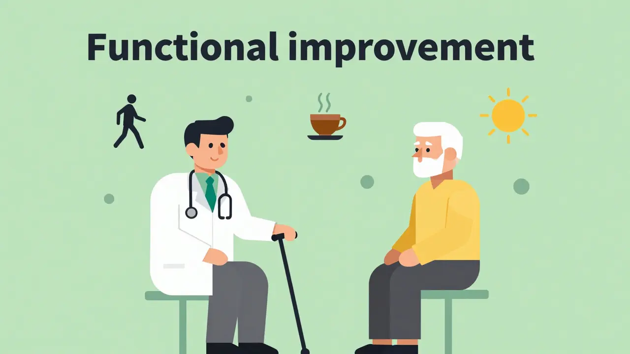 Geometric cartoon of a doctor and senior patient surrounded by icons representing quality of life and mobility.