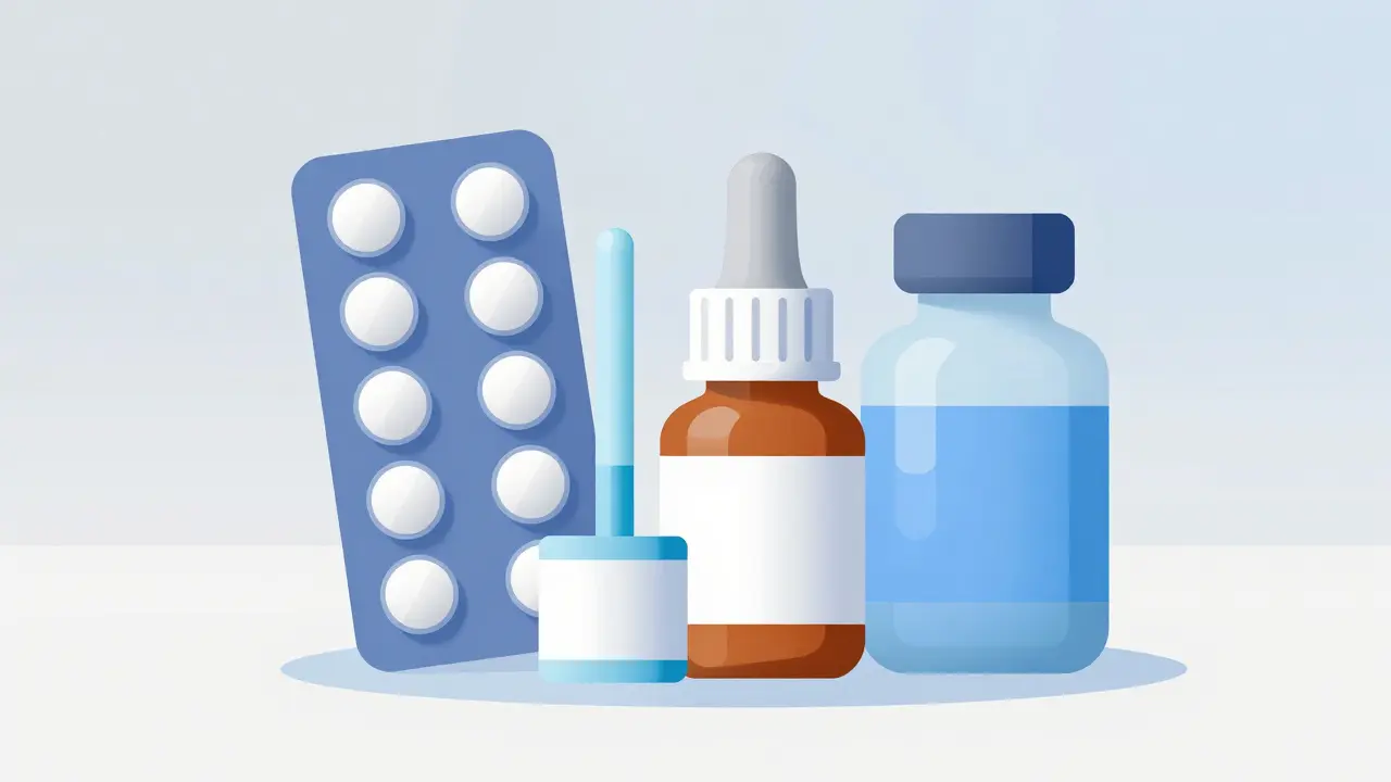 Geometric depiction of ciprofloxacin in tablet, drop, and liquid forms.