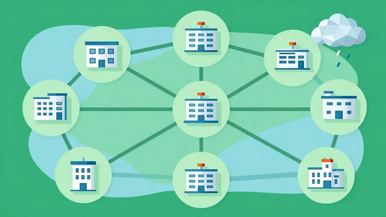 Geometric illustration of a diversified drug production network spread across multiple resilient zones.