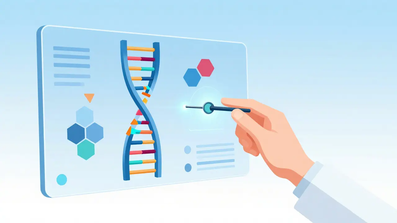 Geometric illustration of a DNA helix and digital screen representing personalized medicine.