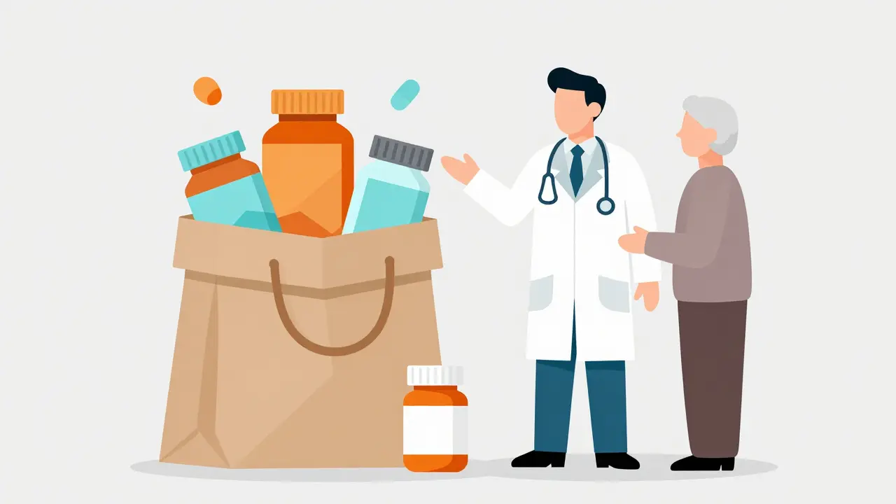 Geometric illustration of a patient and pharmacist reviewing a bag of medications.