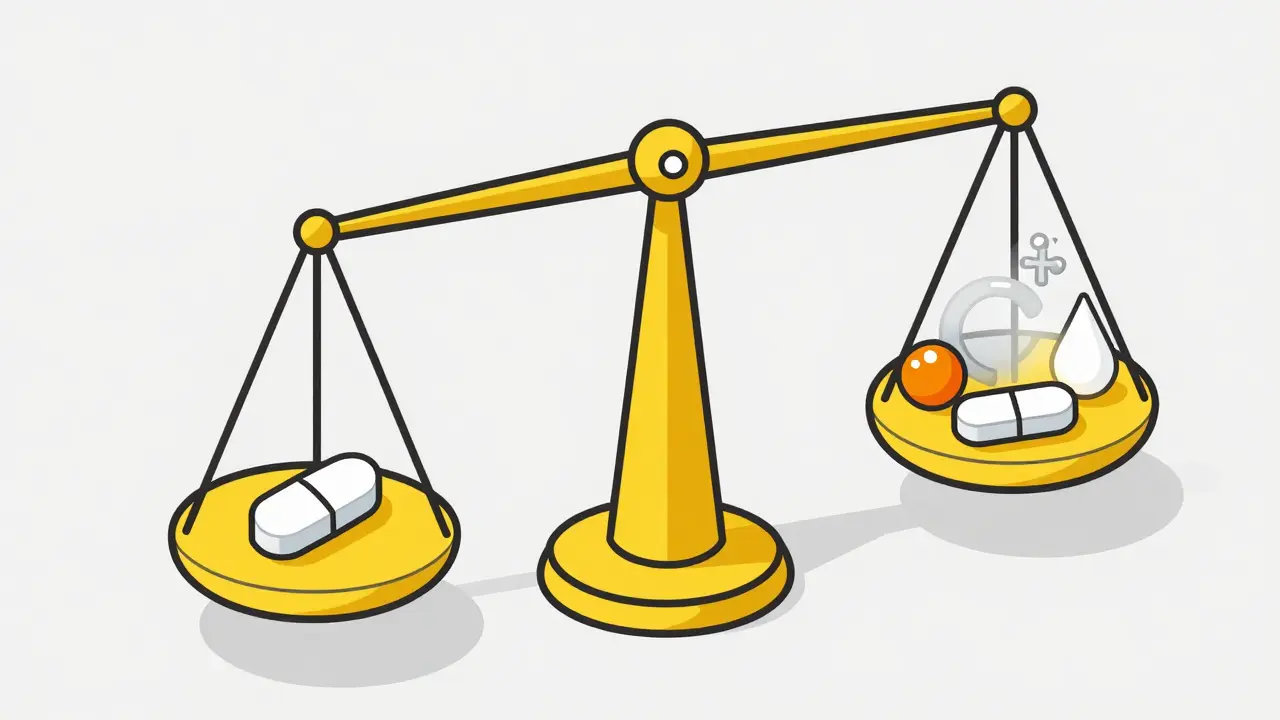 Geometric illustration of a scale showing Carbamazepine making other medications less effective.
