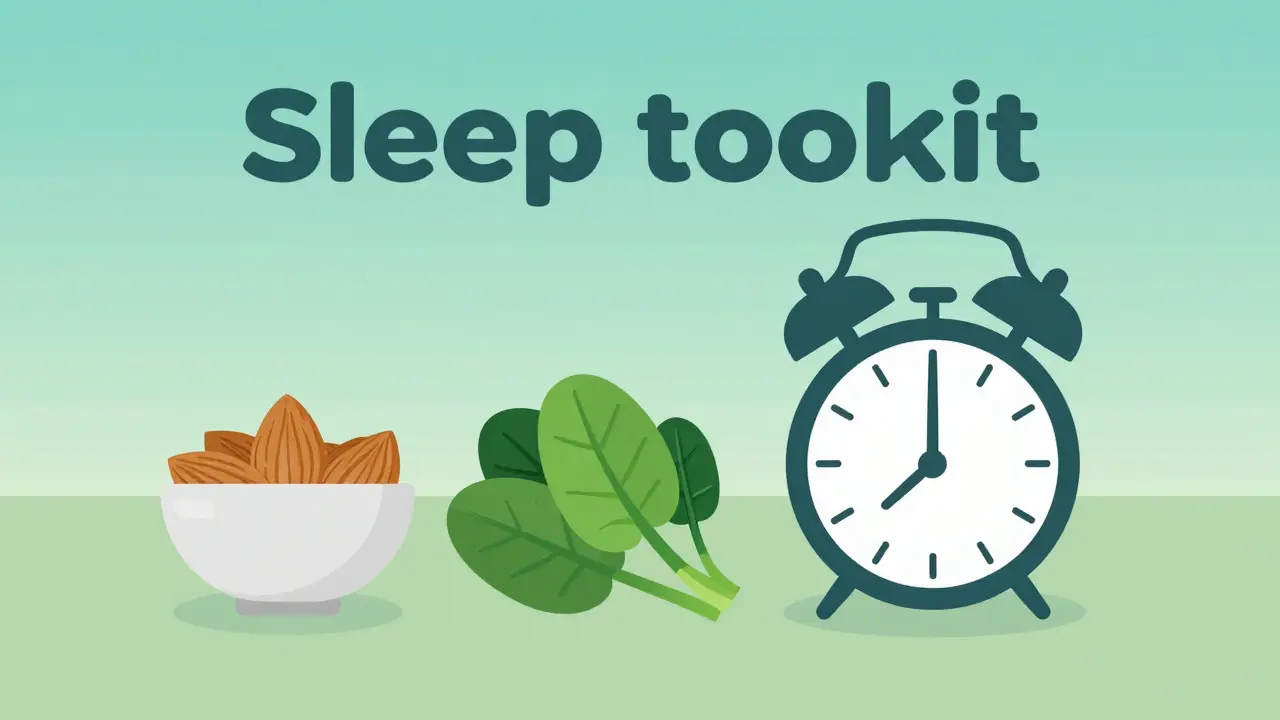 Geometric illustration of healthy foods and an alarm clock representing sleep hygiene.