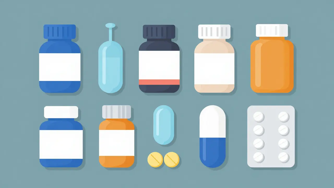Geometric illustration of various pain relief medication bottles and pills organized together.