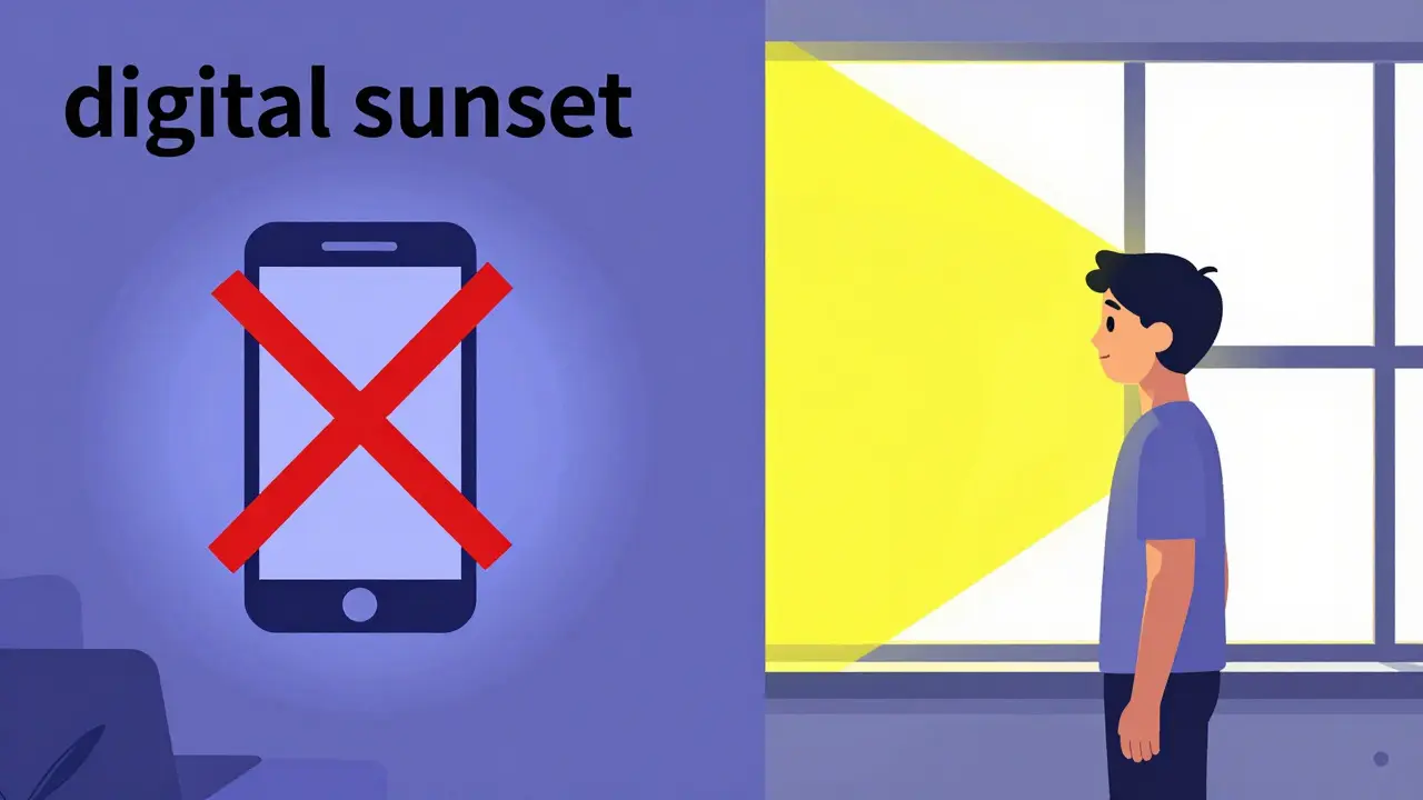 Geometric illustration showing the contrast between nighttime blue light and morning sunlight.