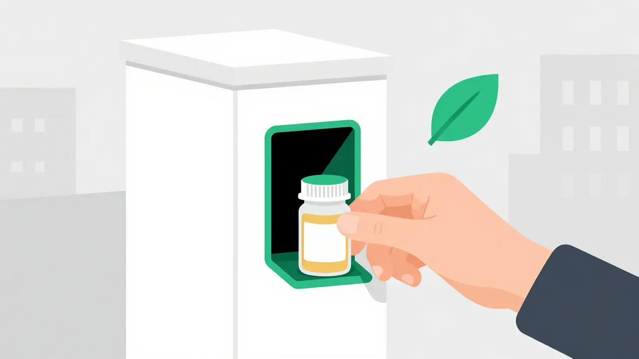 Hand depositing expired medication into a certified drug take-back kiosk